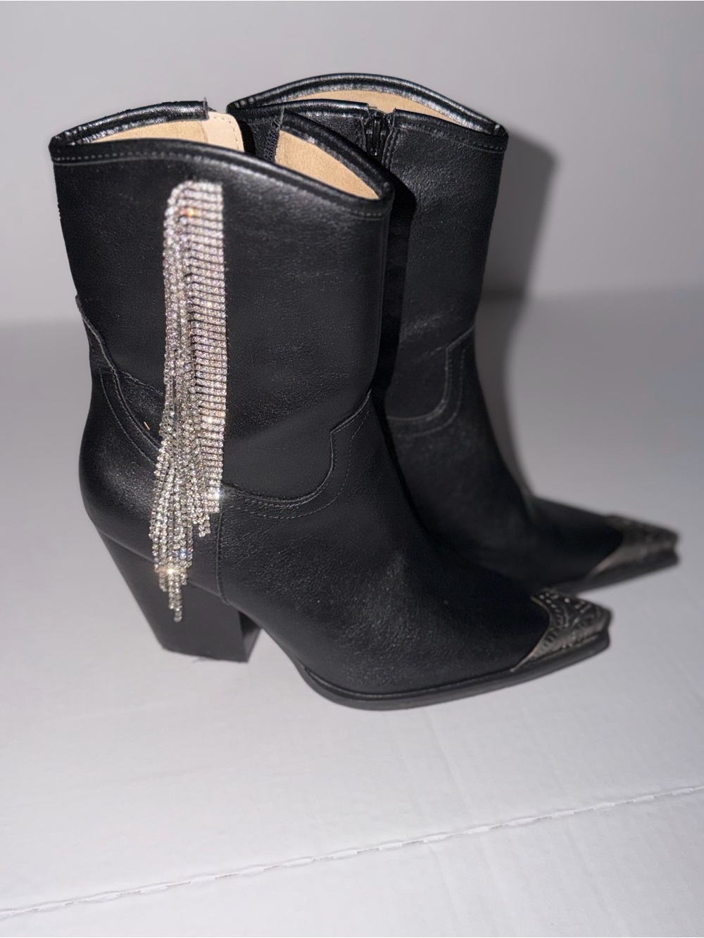 Black Rhinestone Fringe Western Ankle Boots